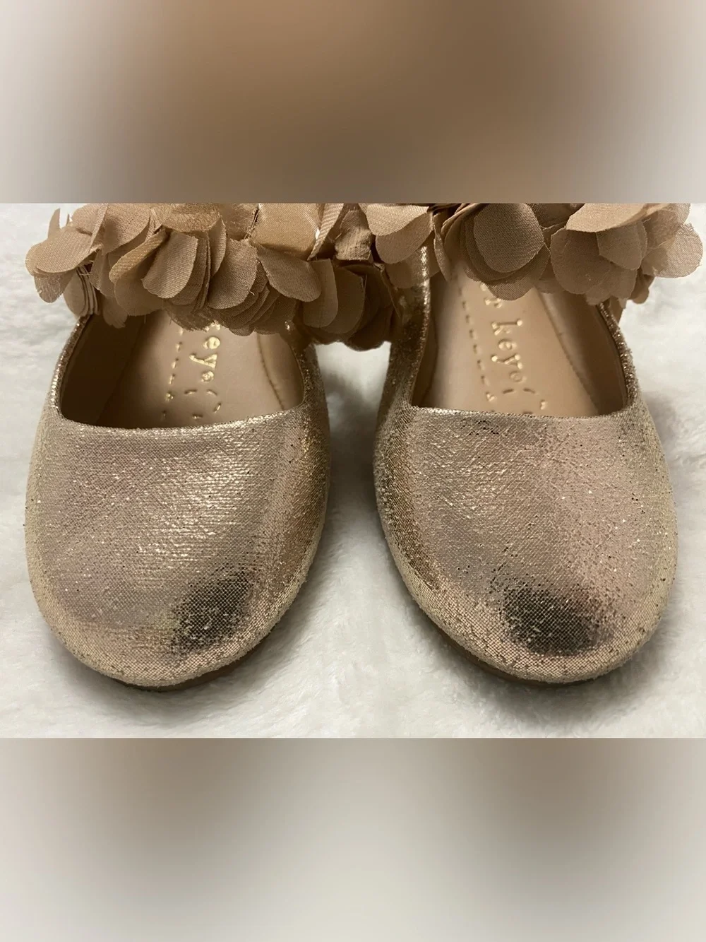Copper Key Rose Gold Glitter Mary Jane Flats with Floral Strap